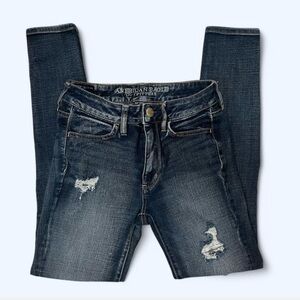 American Eagle Outfitters Blue Skinny Jeans with Distressed Details